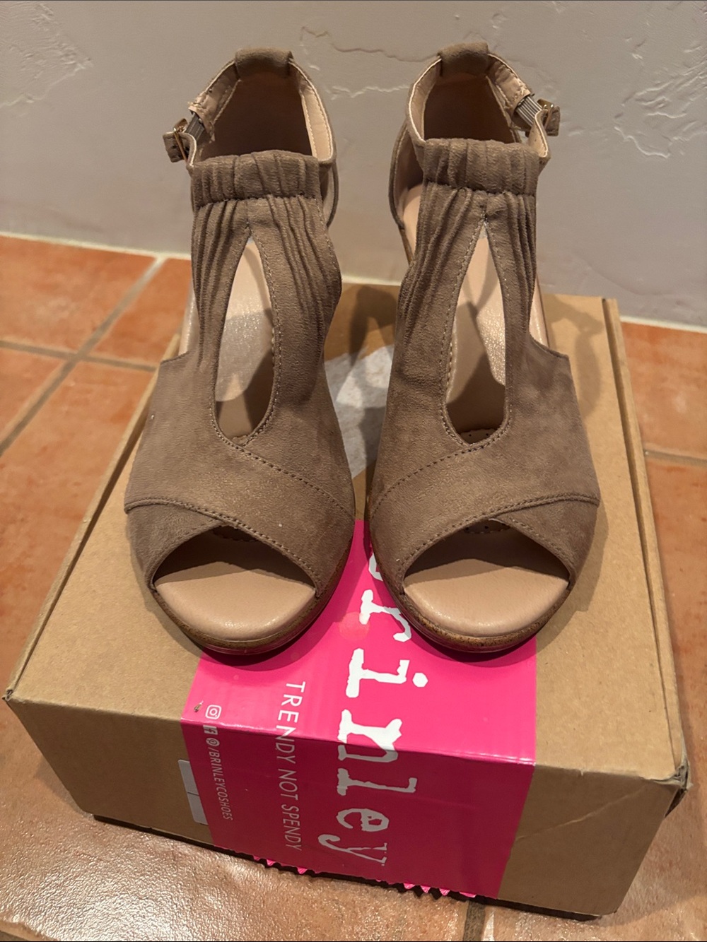 Taupe Suede Peep-Toe Wedge Sandals